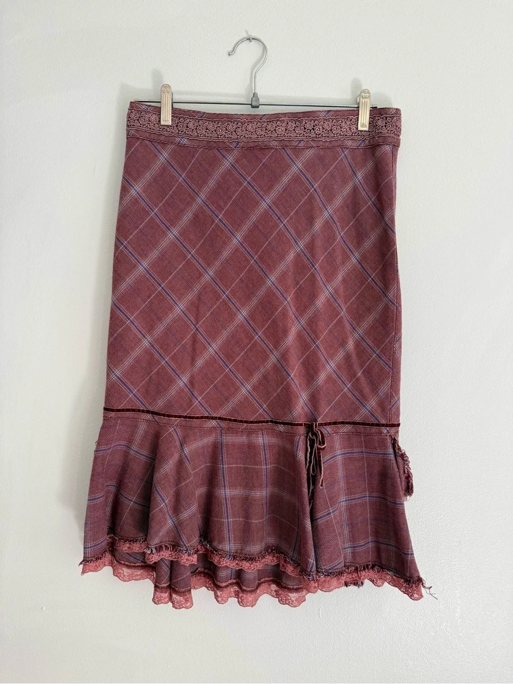 Free People Mauve Plaid Ruffle Hem Midi Skirt - Picture 1 of 10